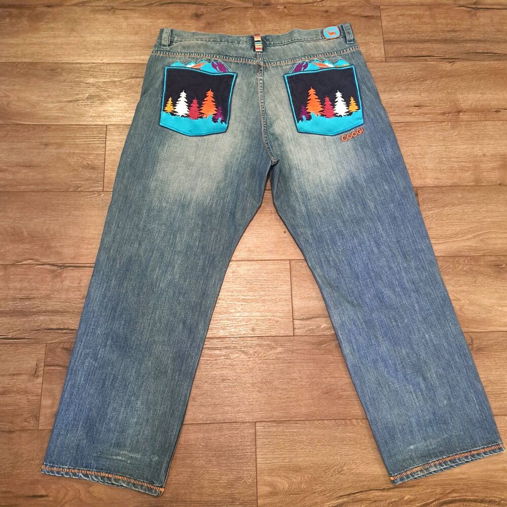 Y2K COOGI Mens Denim Jeans 46x36 Embroidered Biggie Streetwear Distressed Fade